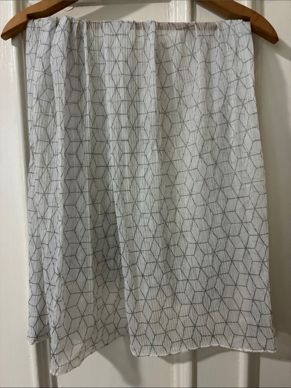 Sheer White Square Headwrap Scarf Iridescent Threads Hexagon Geometric